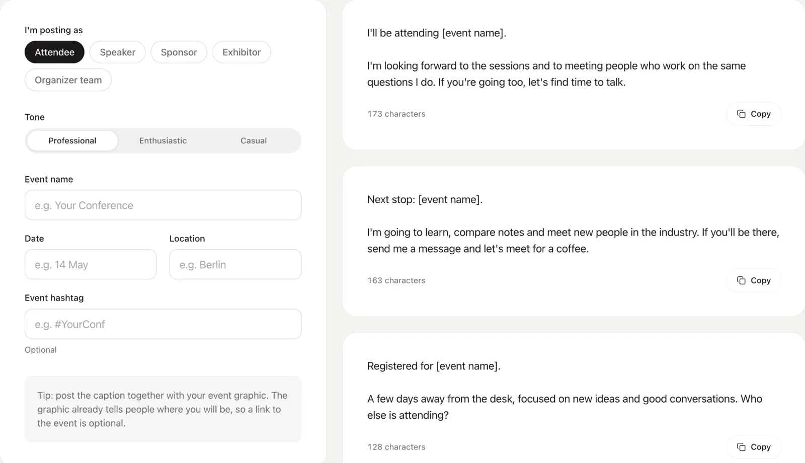 Go Spread LinkedIn caption generator for events with role, tone, event name, date, location and hashtag fields and ready-to-copy attendee captions